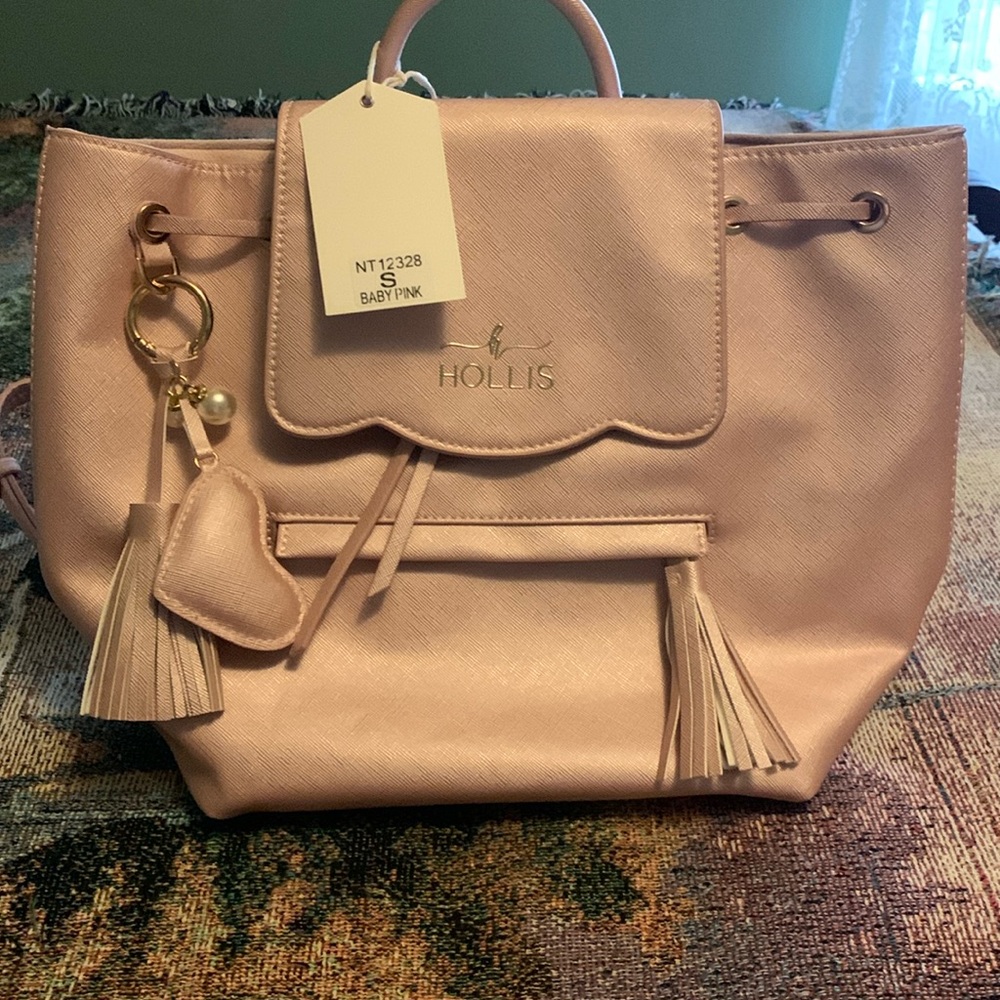 Hollis Blush Pink Saffiano Drawstring Backpack with Tassel Charm mini backpack